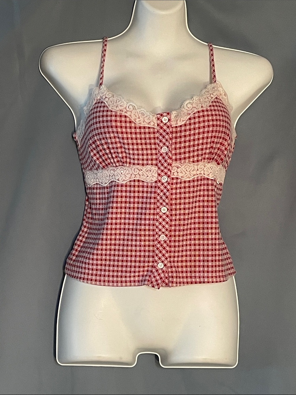 Red Gingham Lace-Trim Button-Front Cami
